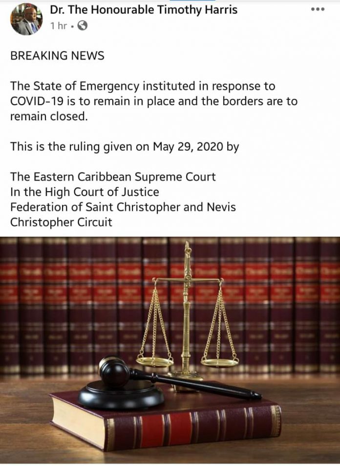 Screenshot of the false and misleading statement posted by Prime Minister Dr Timothy Harris on his Facebook Page.
