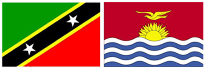 Flags of St. Kitts and Nevis (left) and the Republic of Kiribati (right) Flags of St. Kitts and Nevis (left) and the Republic of Kiribati (right)