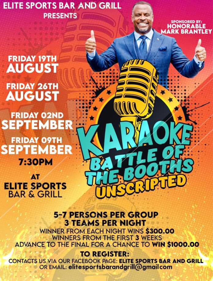 The Elite Sports Bar and Grill is hosting a Karaoke event called Karaoke battle of the booths Unscripted. The Elite Sports Bar and Grill will host the event for over one month on the Friday of every week. The Elite Sports Bar and Grill is hosting a Karaoke event called Karaoke battle of the booths Unscripted. The Elite Sports Bar and Grill will host the event for over one month on the Friday of every week.