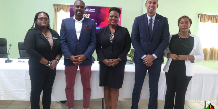 Minister of Creative Economy Samal Duggins, the Ministry of the Creative Economy and the Easter Caribbean Collective Organisation for Music Rights (ECCO) pre-consultation press conference on October 13.
