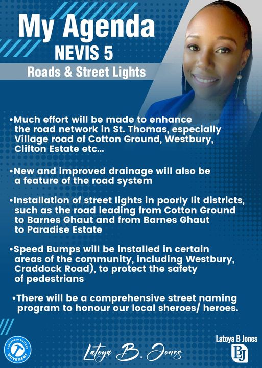 Latoya Jones lays out comprehensive plans for Roads and streelights development in Nevis 5, PC: Facebook, CCM