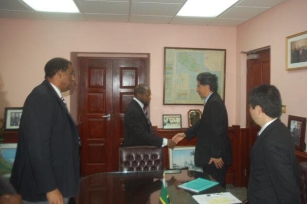 (St. Kitts and Nevis' Non-Resident Ambassador to Japan, His Excellency Errol Maynard (left) with visiting Japanese officials (right) during a courtesy call on the former St. Kitts and Nevis Prime Minister Rt. Hon. Dr. Denzil&nbsp;L.&nbsp;Douglas)