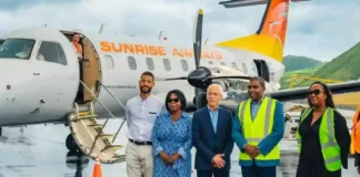 Terrance Drew, Marsha Henderson, Philip Bayard at the welcome of inaugural flight of Sunrise Airways, Image: Facebook, Terrance Drew