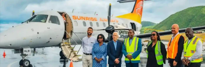 Terrance Drew, Marsha Henderson, Philip Bayard at the welcome of inaugural flight of Sunrise Airways, Image: Facebook, Terrance Drew