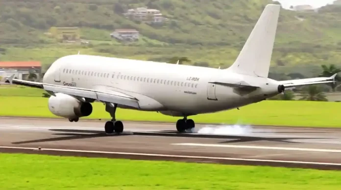 Fly2Sky A320 lands at St Kitts RLB International Airport.