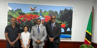 PM Dr Terrance Drew meets football legend Keith Kayamba Gumbs